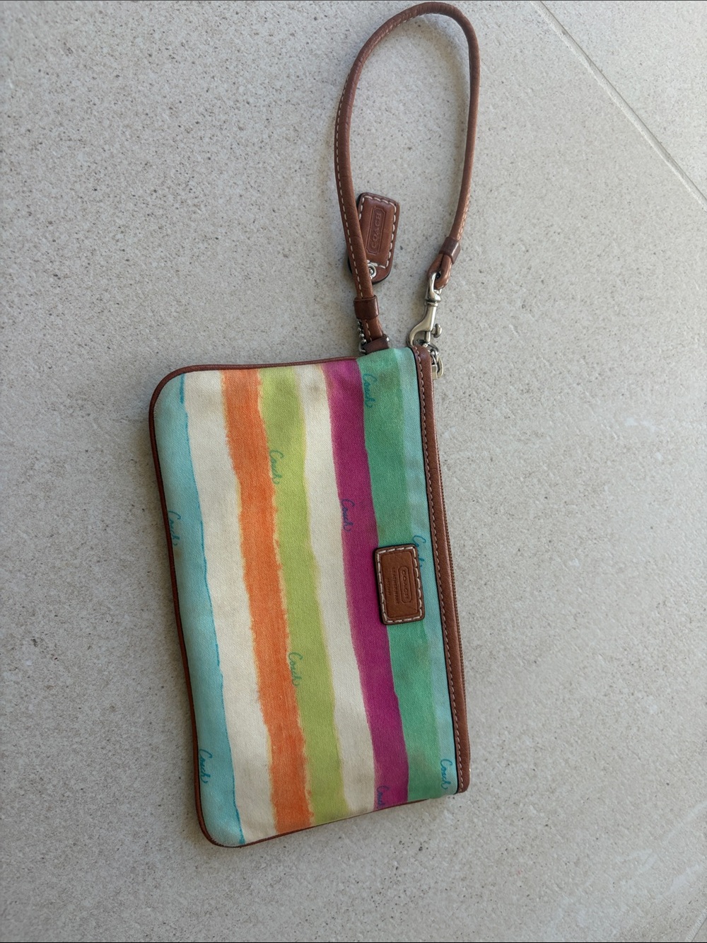 Coach Multicolor Striped Wristlet with Brown Leather Trim